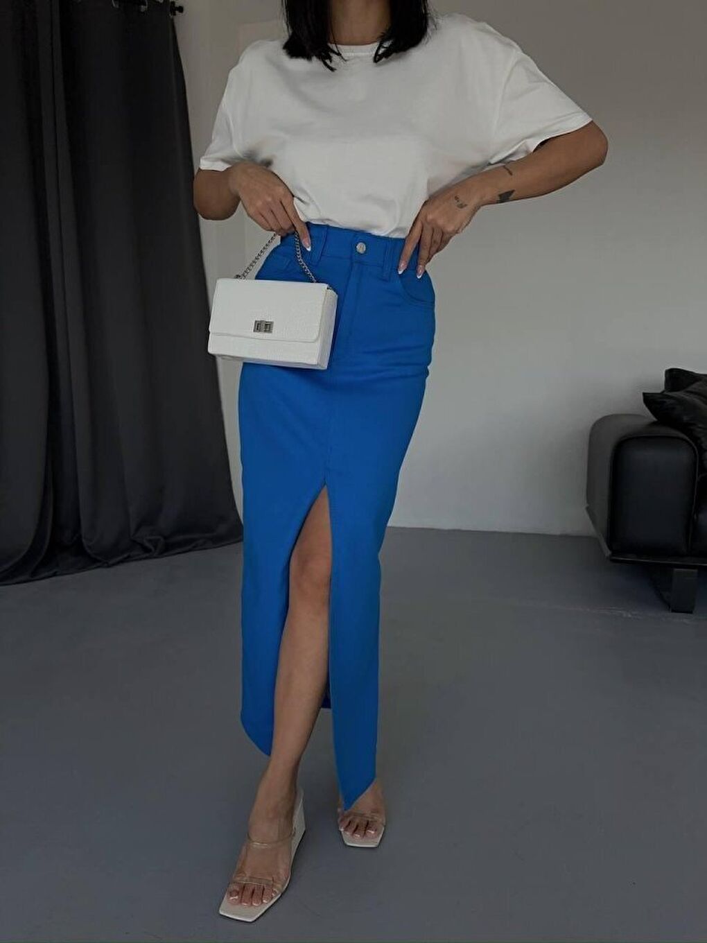 Mavi GABARDİN UZUN ÖNDEN YIRTMAÇLI ETEK - Saks-2