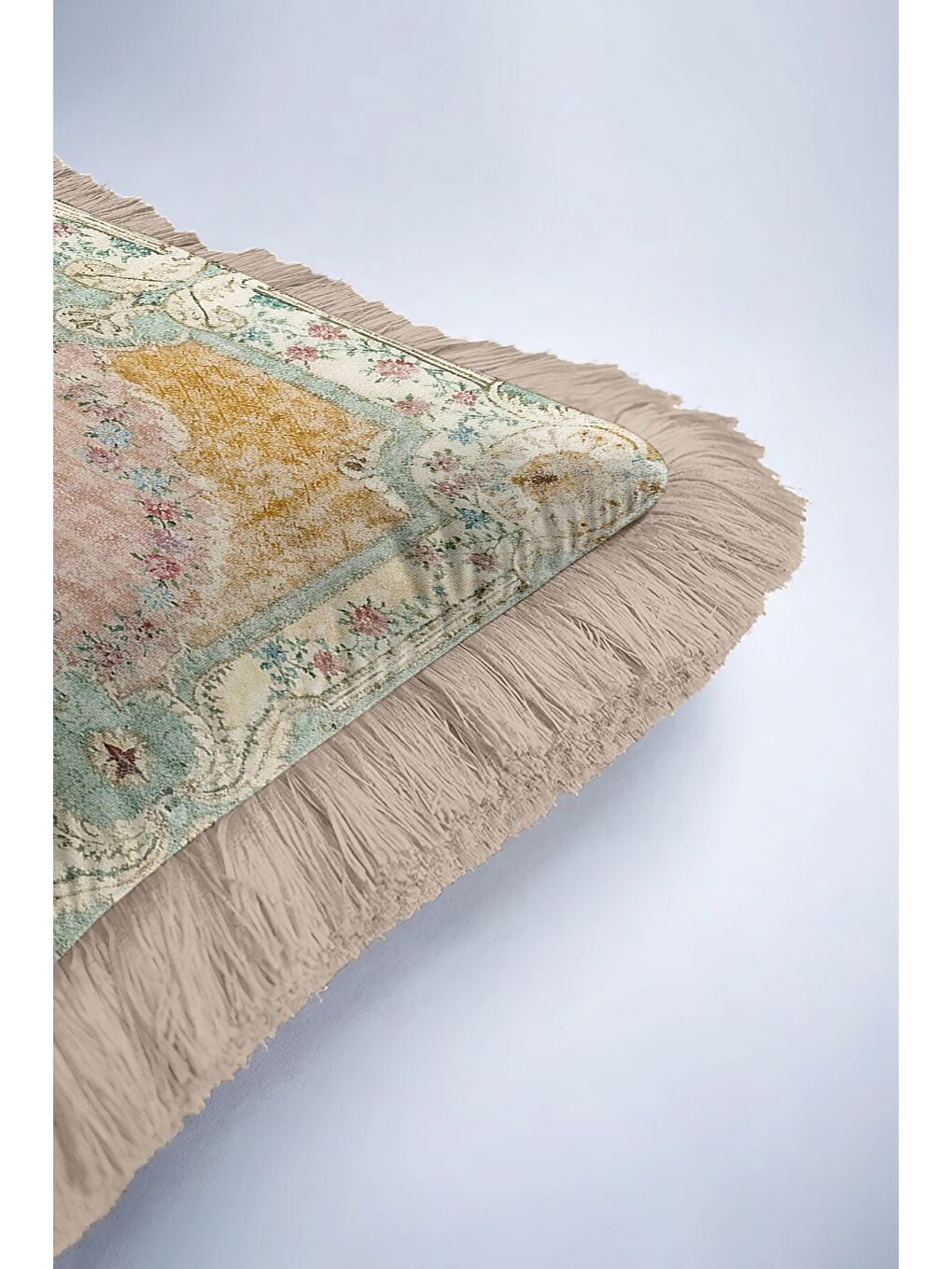 Karışık Saray Işıltılı Saçaklı Yastık Kılıfı - Vintage Halı Motifli Country Pastel Püsküllü Kırlent Kılıfı-6