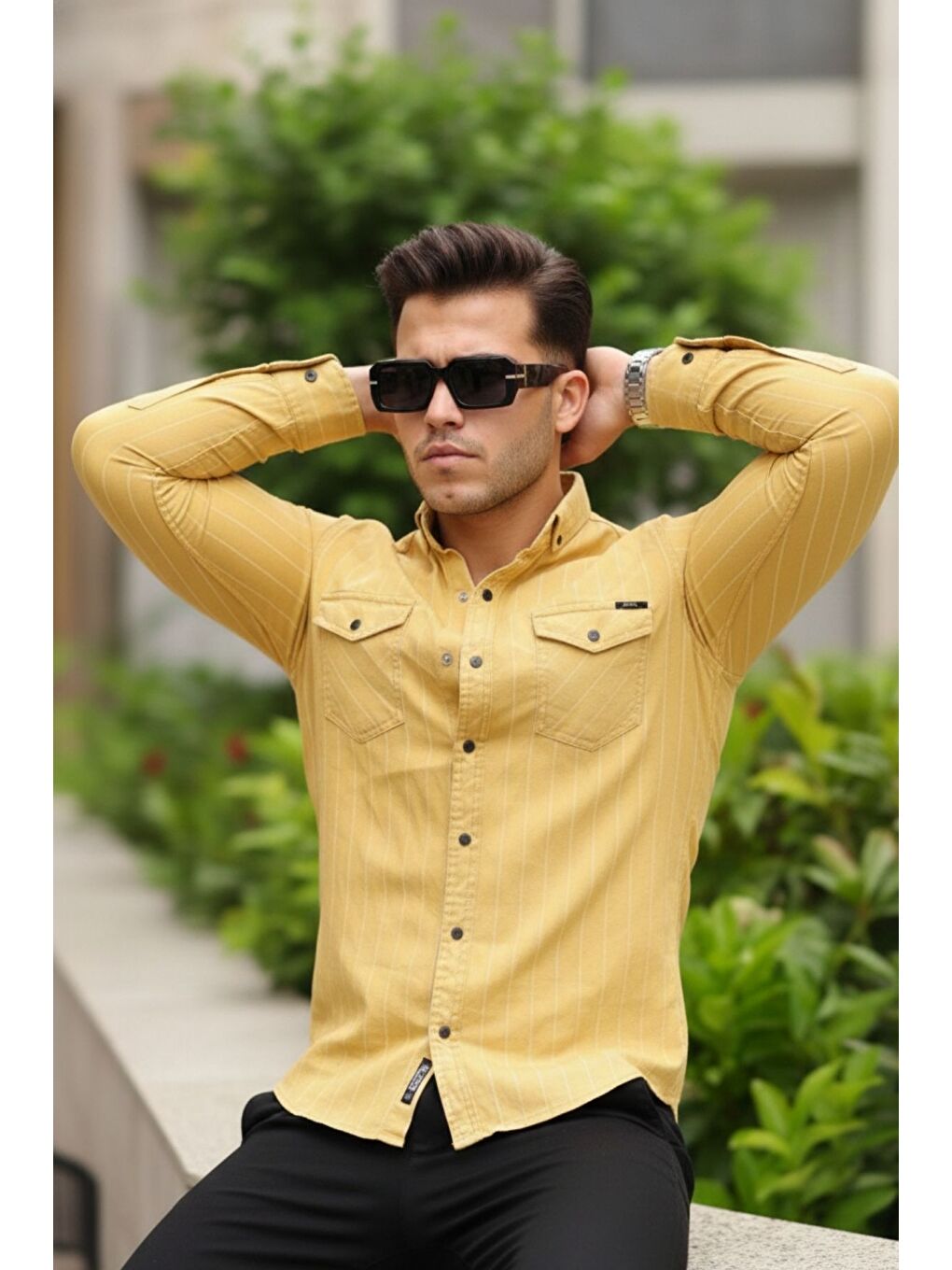 Sarı Erkek Slim Fit Çizgili Jean Gömlek-1