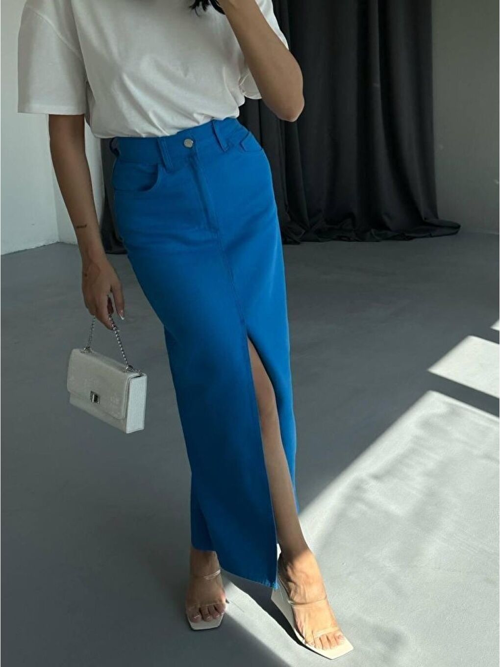 Mavi GABARDİN UZUN ÖNDEN YIRTMAÇLI ETEK - Saks-3