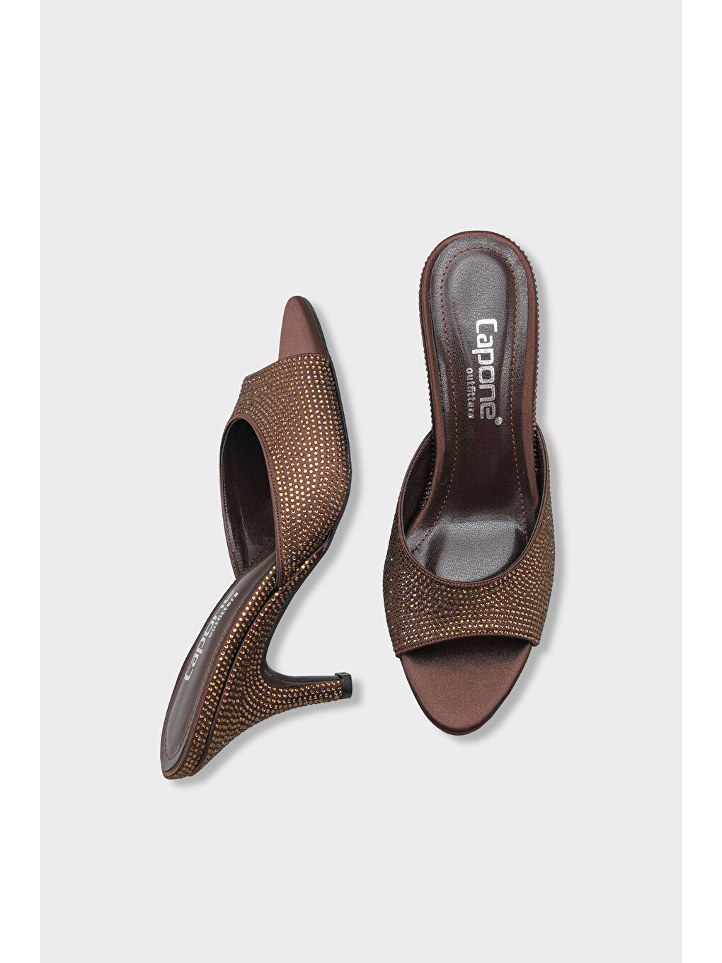 Kahverengi Lenore Taşlı Feta Dolgu Orta Topuklu Saten Kadın Terlik-4