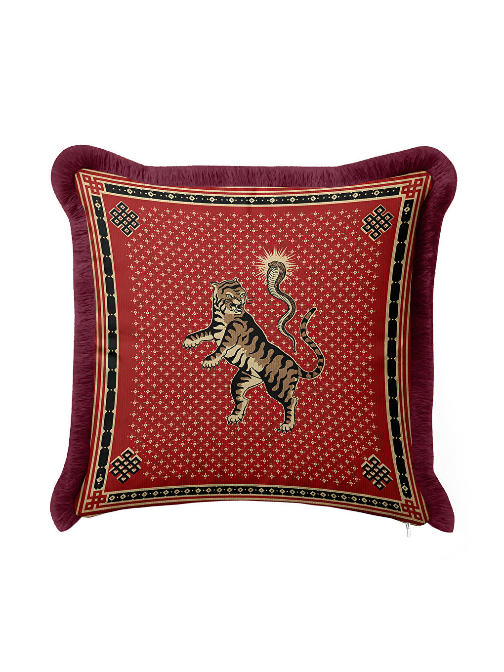 Karışık Asya Motifli Saçaklı Yastık Kılıfı - Egzotik Bohem Kırmızı Altın Renkli Püsküllü Kırlent Kılıfı-2