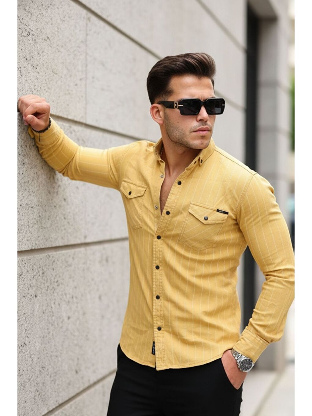 Sarı Erkek Slim Fit Çizgili Jean Gömlek-2