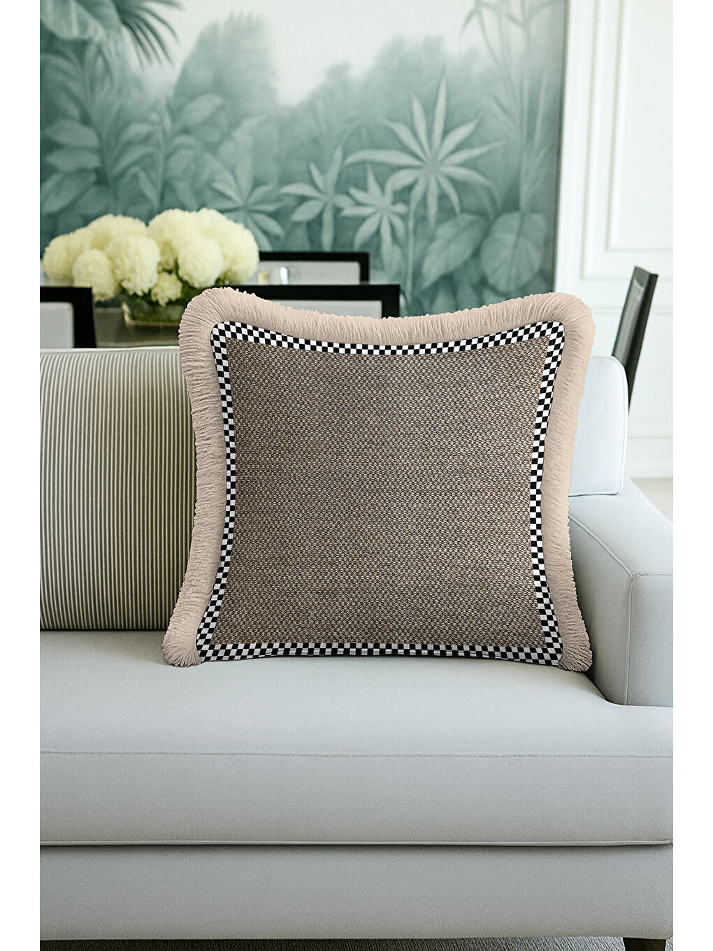 Karışık Zarif Geometrik Çizgili Saçaklı Yastık Kılıfı - Monokrom Modern Bej Siyah Püsküllü Kırlent Kılıfı