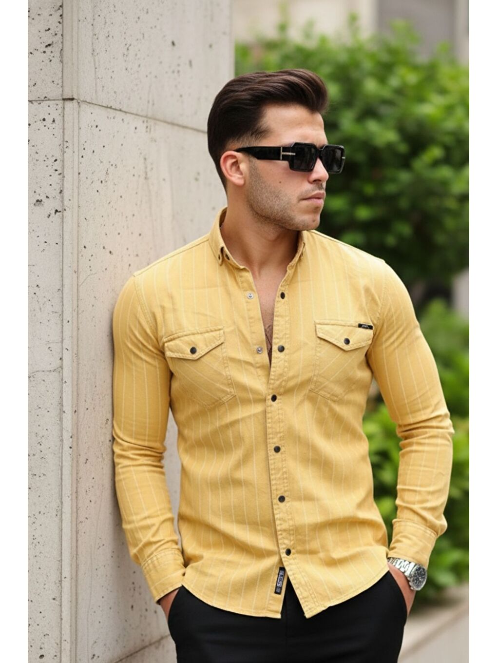 Sarı Erkek Slim Fit Çizgili Jean Gömlek-3