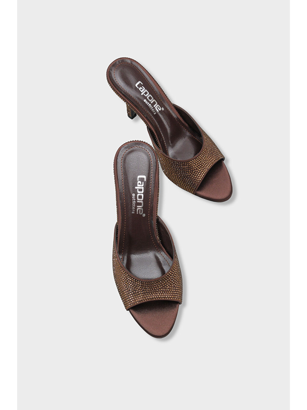 Kahverengi Lenore Taşlı Feta Dolgu Orta Topuklu Saten Kadın Terlik-5
