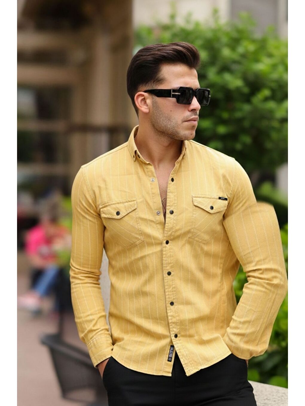 Sarı Erkek Slim Fit Çizgili Jean Gömlek-4