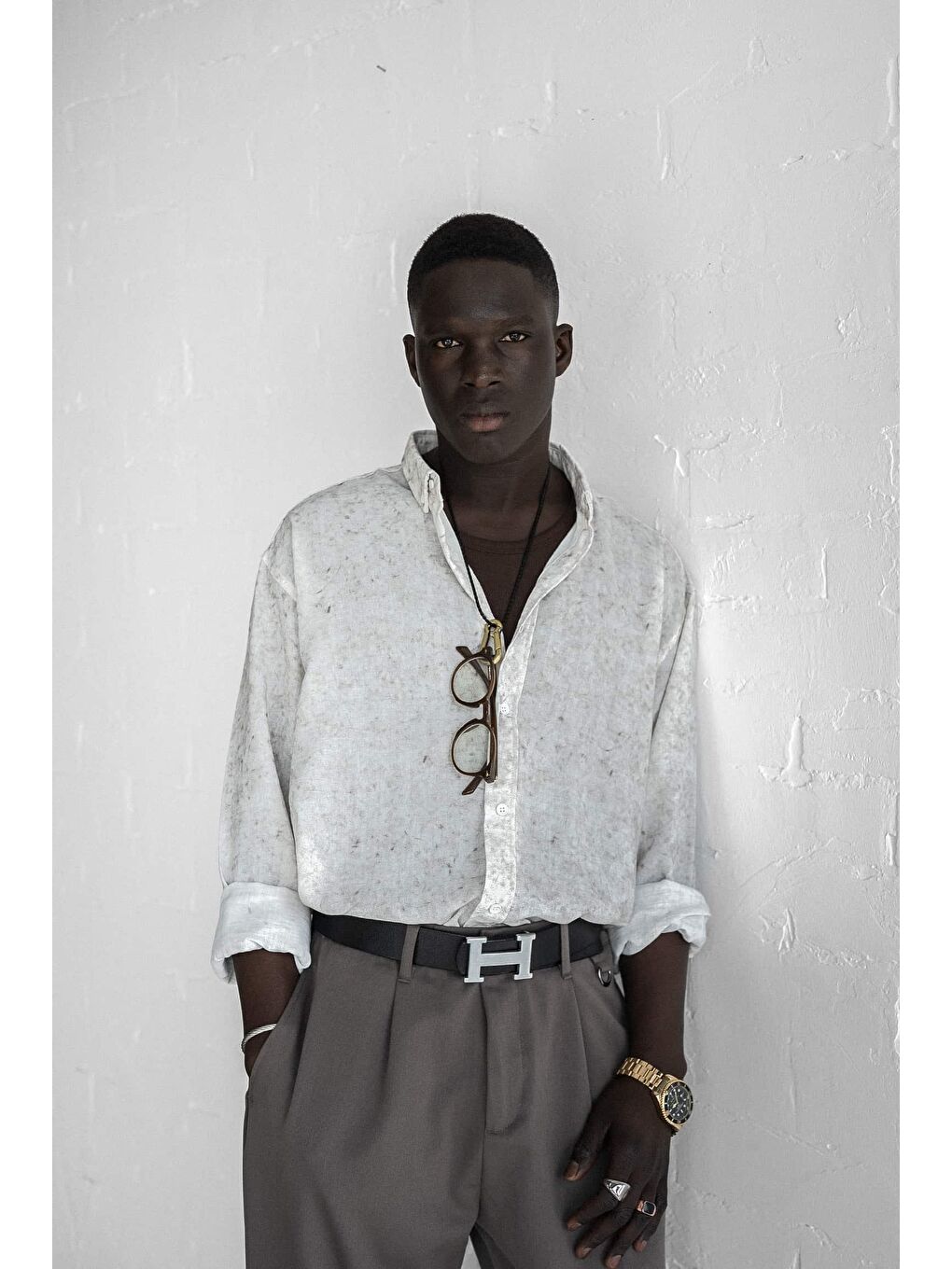 Erkek Uzun Kollu Desenli Oversize Gömlek Ekru-1