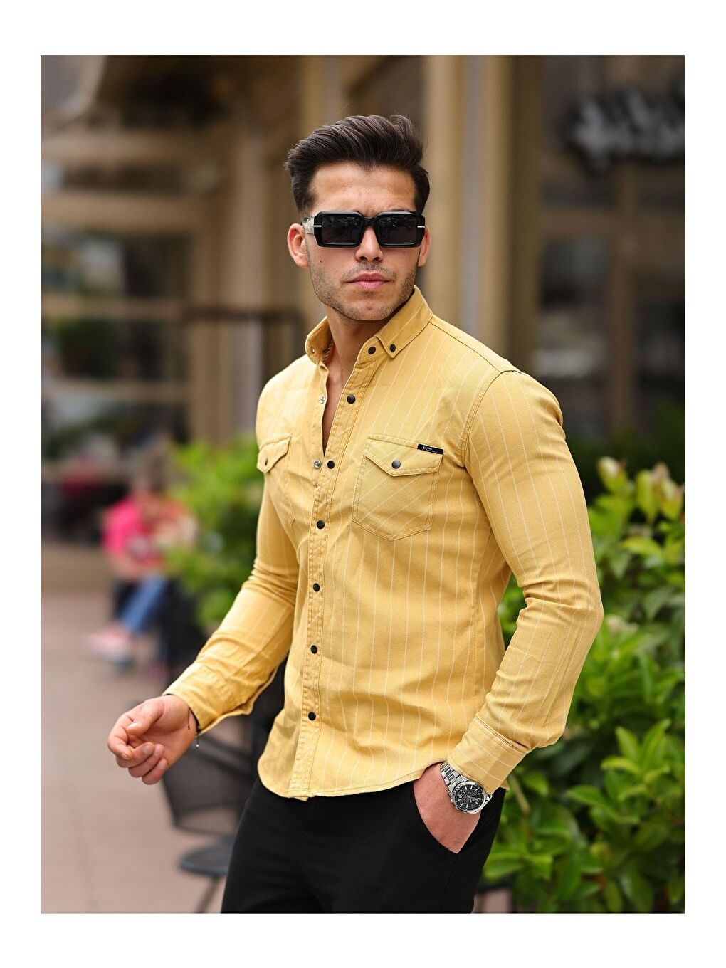 Sarı Erkek Slim Fit Çizgili Jean Gömlek-5