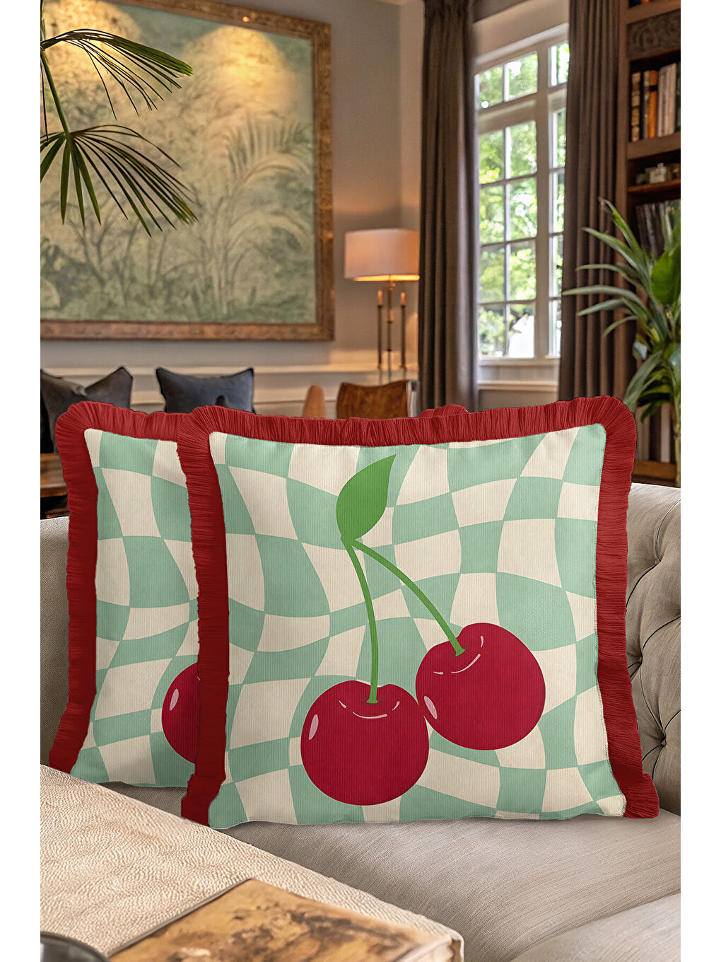 Karışık Vişne Motifli Saçaklı Yastık Kılıfı - Retro Dalga Mint Yeşili Kırmızı Püsküllü Kırlent Kılıfı-7
