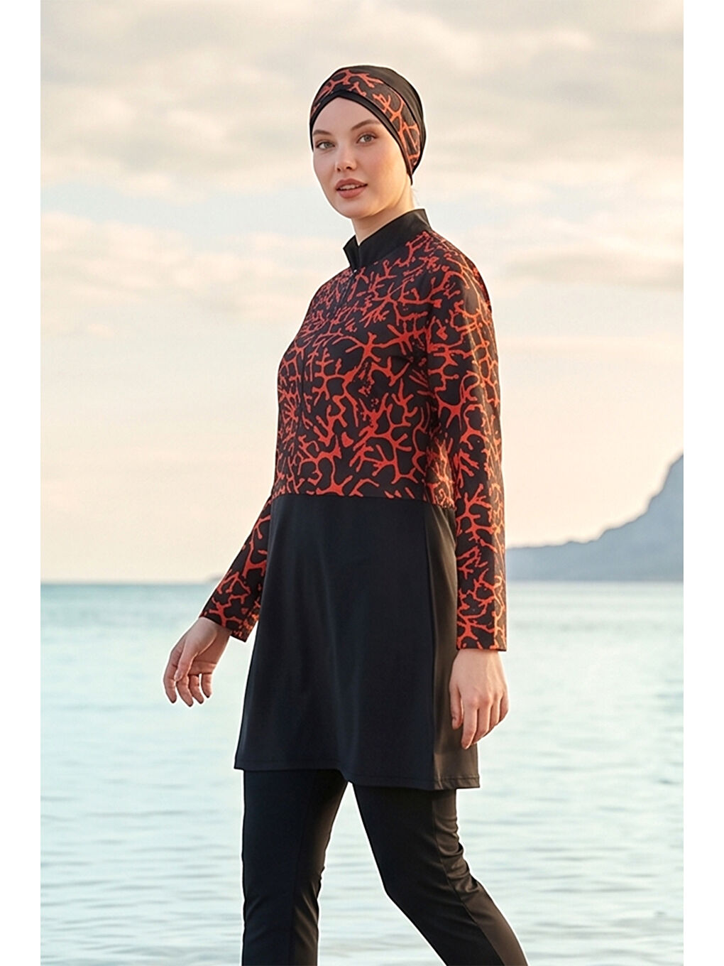 Turuncu Büyük Beden Desenli Tam Kapalı Tesettür Mayo 16 Siyah03