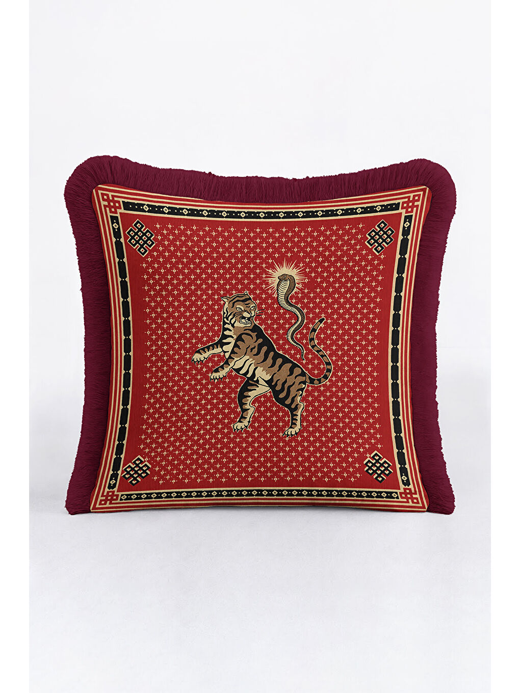 Karışık Asya Motifli Saçaklı Yastık Kılıfı - Egzotik Bohem Kırmızı Altın Renkli Püsküllü Kırlent Kılıfı-3