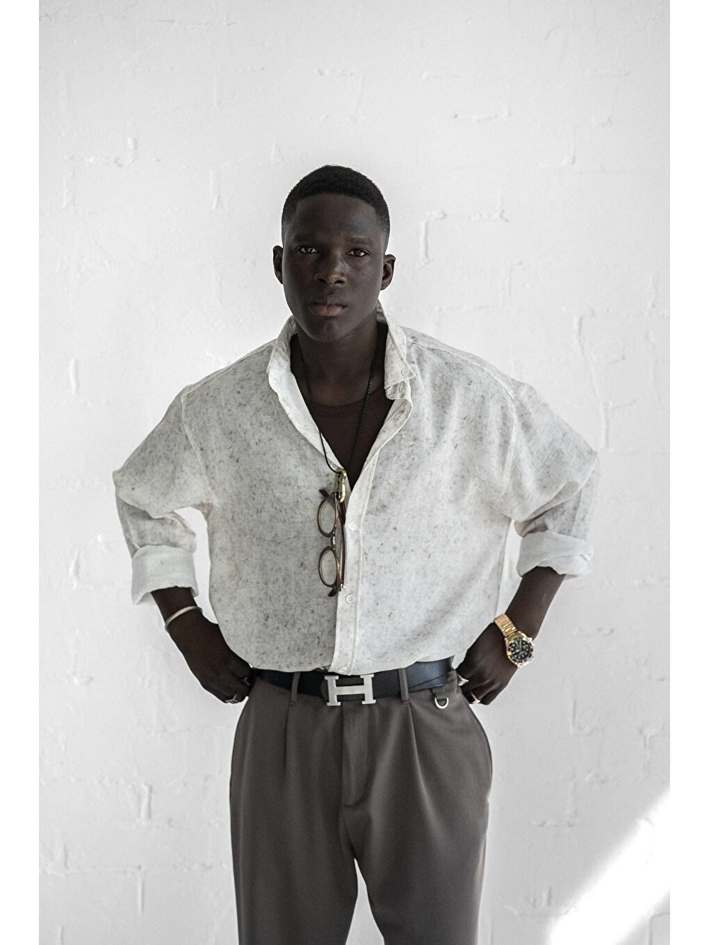 Erkek Uzun Kollu Desenli Oversize Gömlek Ekru