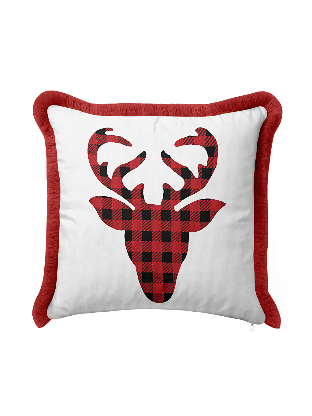 Karışık Kareli Geyikli Saçaklı Yastık Kılıfı - Kış Rustik Kırmızı Beyaz Püsküllü Kırlent Kılıfı-3
