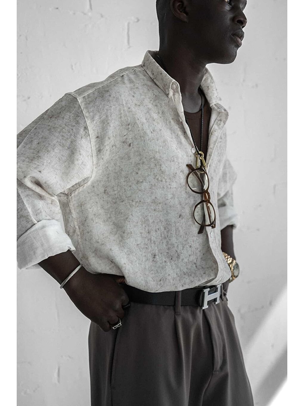 Erkek Uzun Kollu Desenli Oversize Gömlek Ekru-2