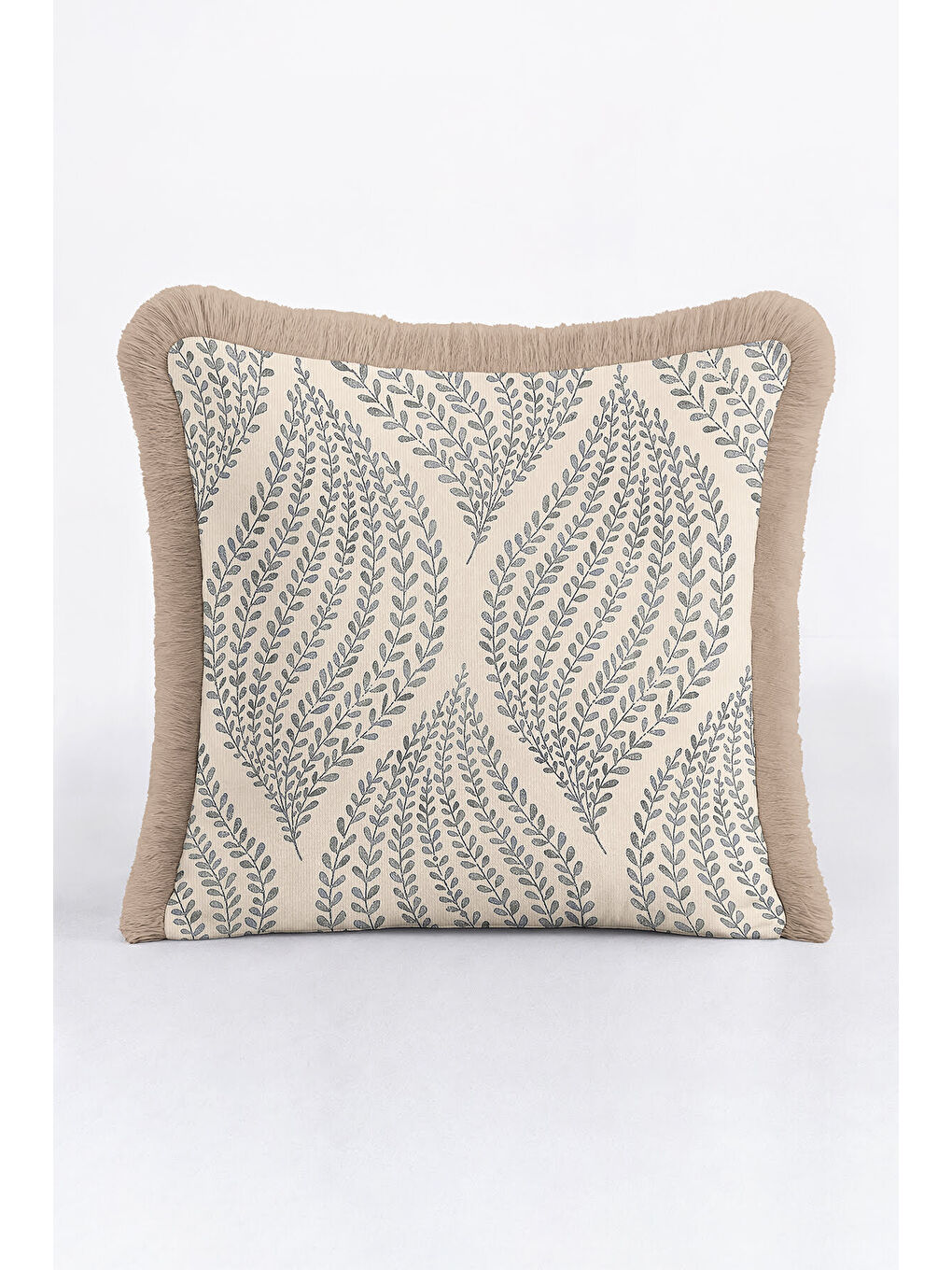 Karışık Zarif Yaprak Motifli Saçaklı Yastık Kılıfı - Doğal Country Bej Mavi Püsküllü Kırlent Kılıfı-1