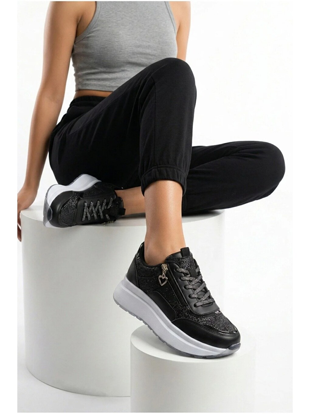 Siyah Yan Fermuarlı Işıltılı Trend 5 Cm Platform Kadın Sneaker Spor Ayakkabı-2