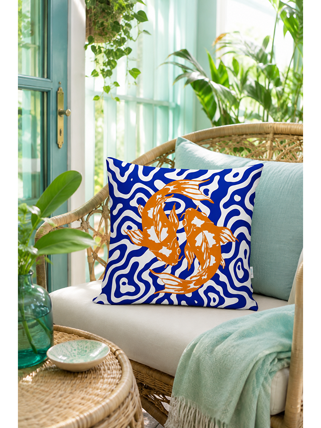 Beyaz Koi Balığı Mavi Turuncu Desenli Dekoratif Kırlent Kılıfı Modern Salon Dekoru 43x43 Cm-1