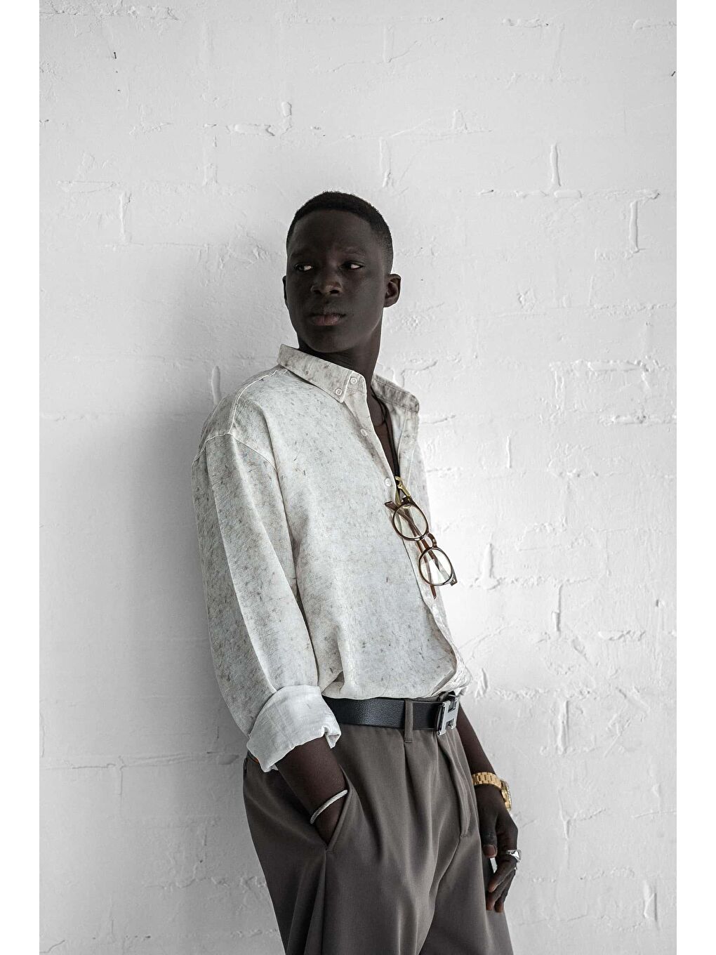 Erkek Uzun Kollu Desenli Oversize Gömlek Ekru-3