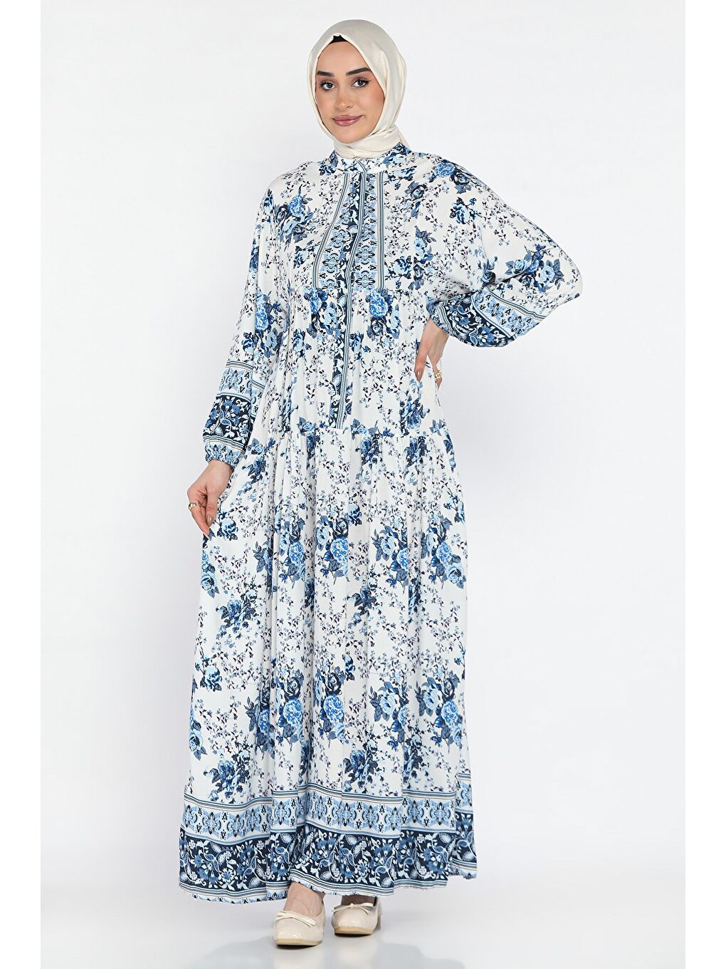 Mavi Kadın Çiçek Desenli Yarım Düğmeli Tesettür Viskon Elbise-1