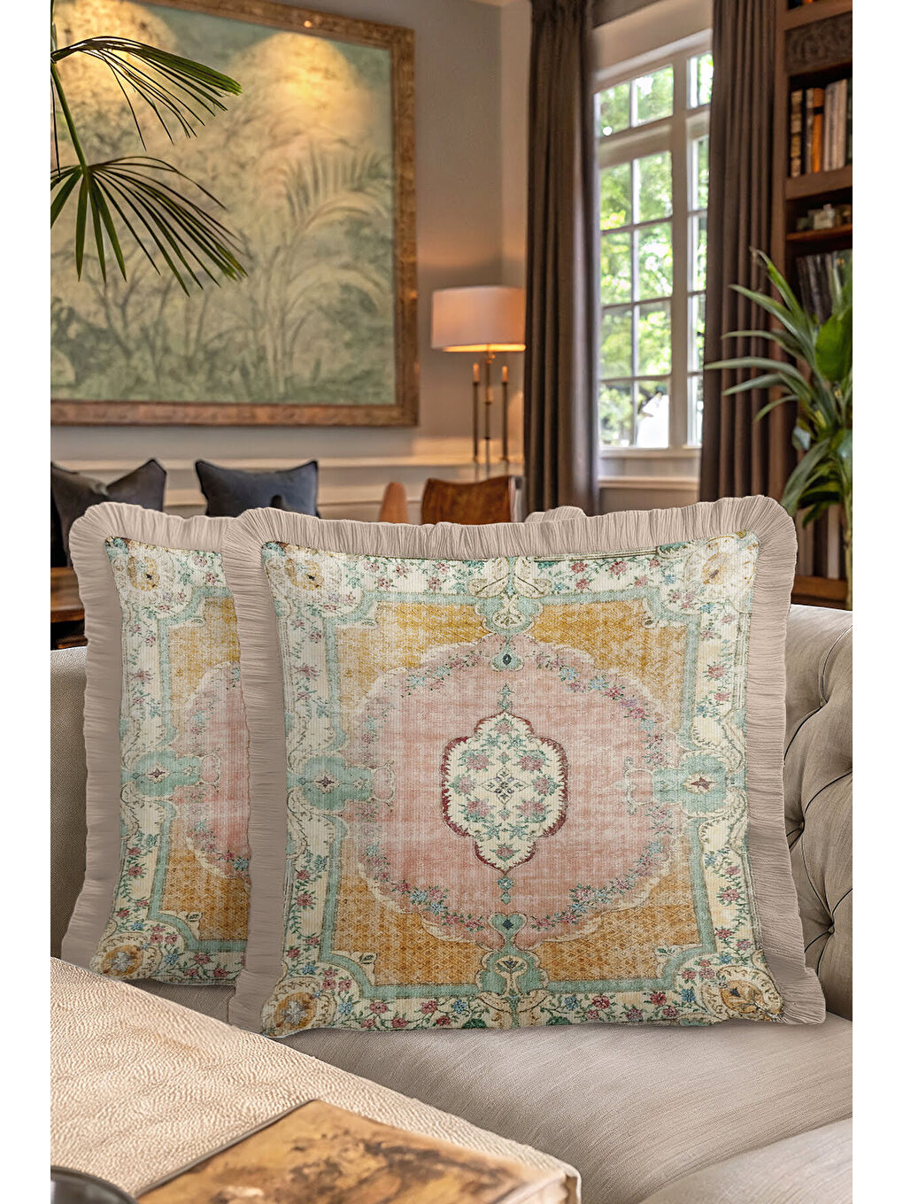 Karışık Saray Işıltılı Saçaklı Yastık Kılıfı - Vintage Halı Motifli Country Pastel Püsküllü Kırlent Kılıfı-7