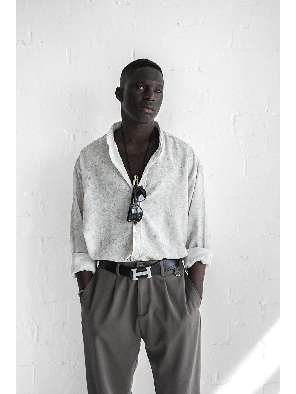 Erkek Uzun Kollu Desenli Oversize Gömlek Ekru-4