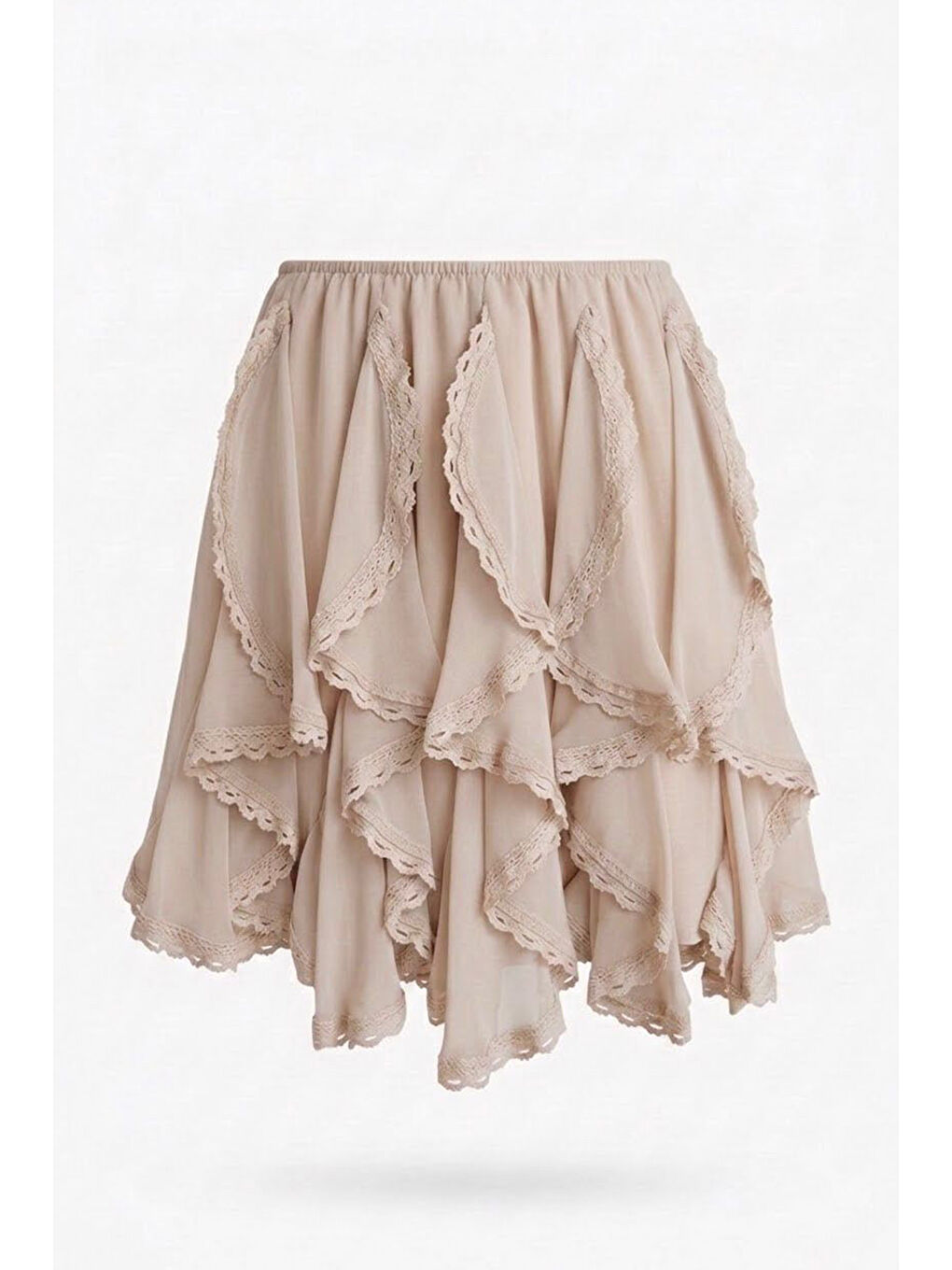 Beli Lastikli Dantel Şeritli Mini Etek Bej-1
