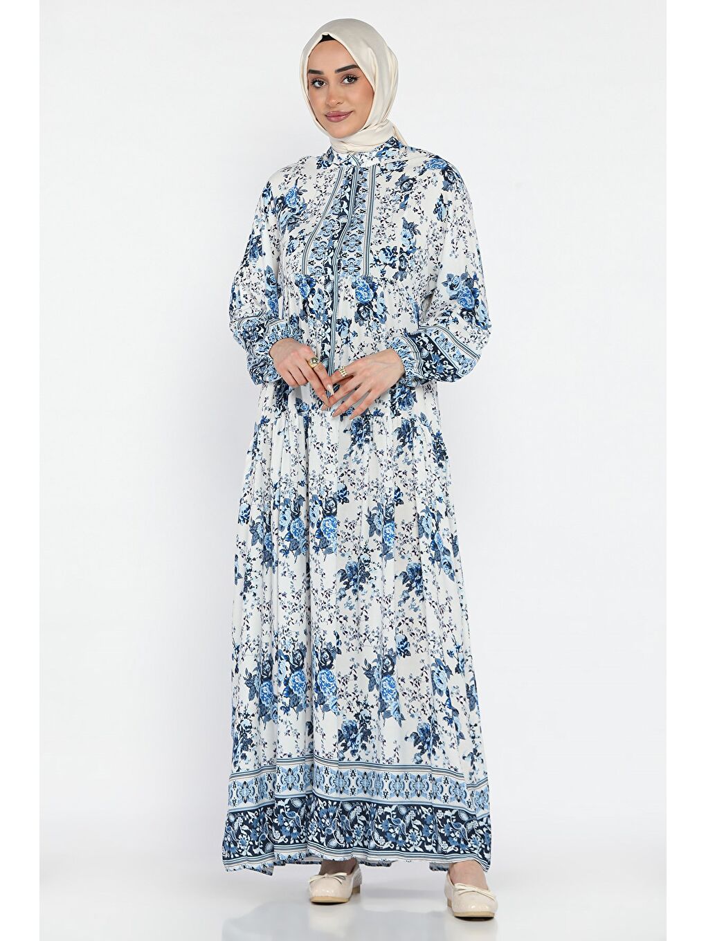 Mavi Kadın Çiçek Desenli Yarım Düğmeli Tesettür Viskon Elbise-2