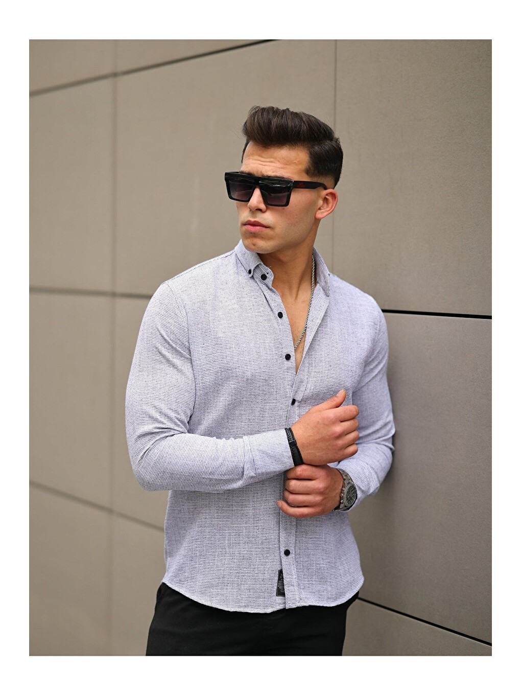 Siyah Erkek A Kalite Keten Slim Fit Uzun Kol Gömlek