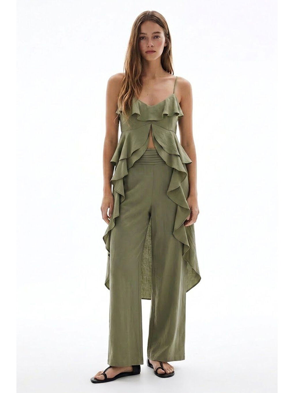 Pileli Bel Bantlı Bol Paça Pantolon Haki