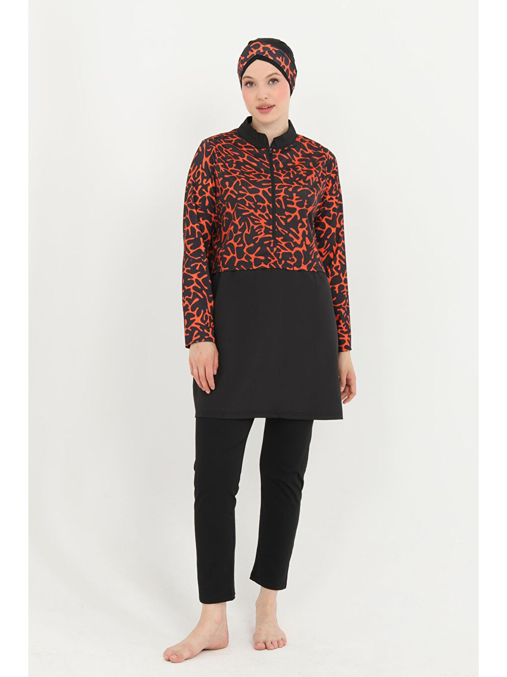 Turuncu Büyük Beden Desenli Tam Kapalı Tesettür Mayo 16 Siyah03-1