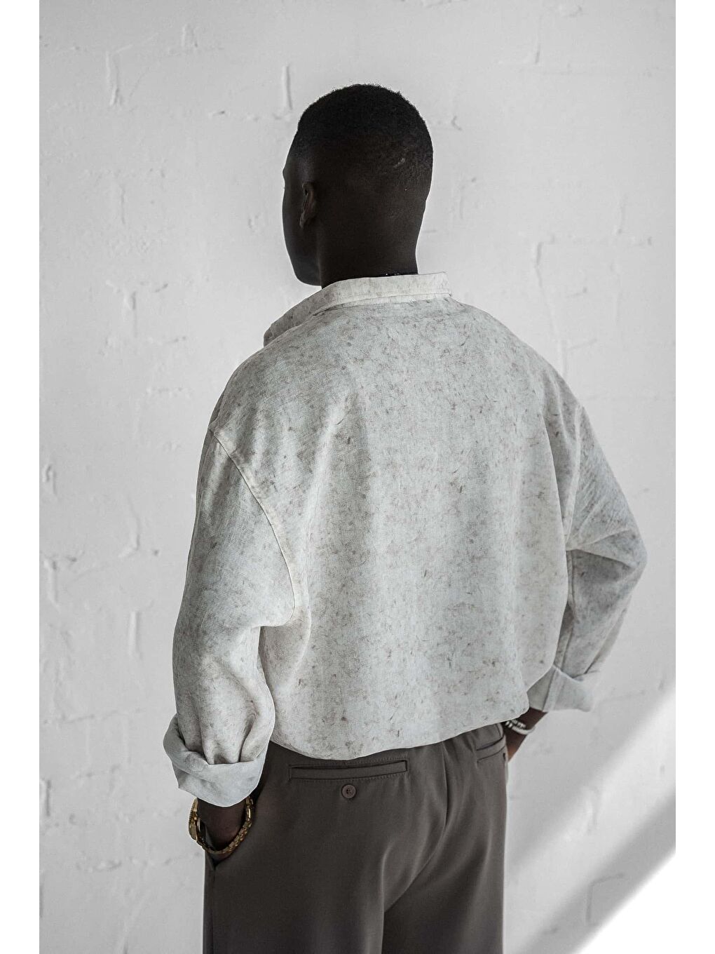 Erkek Uzun Kollu Desenli Oversize Gömlek Ekru-5