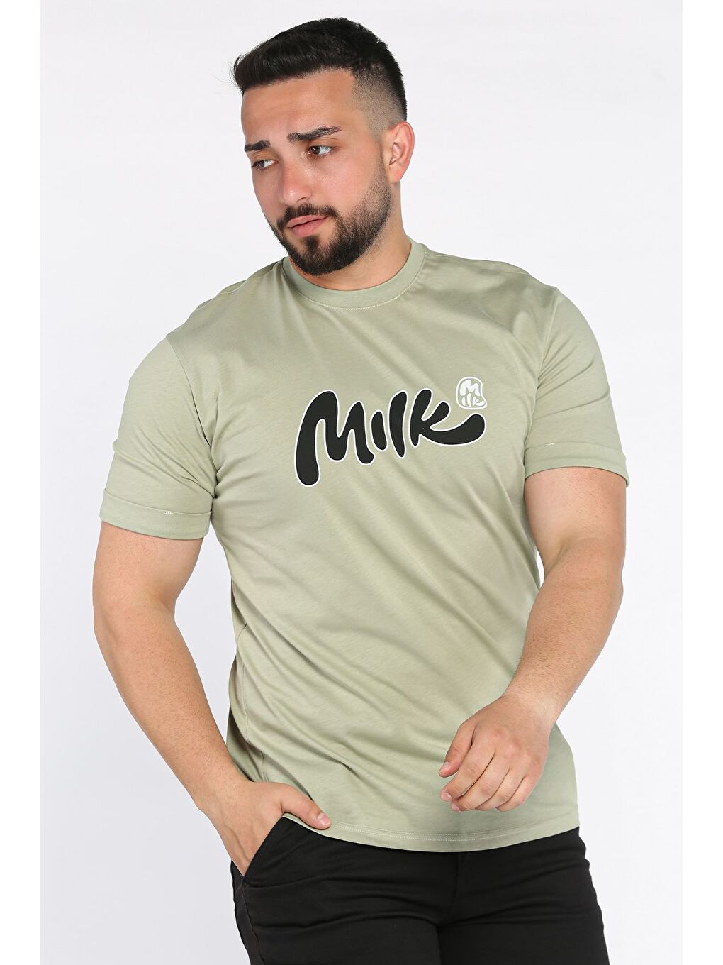 Haki Erkek Bisiklet Yaka Milk Baskılı Tişört