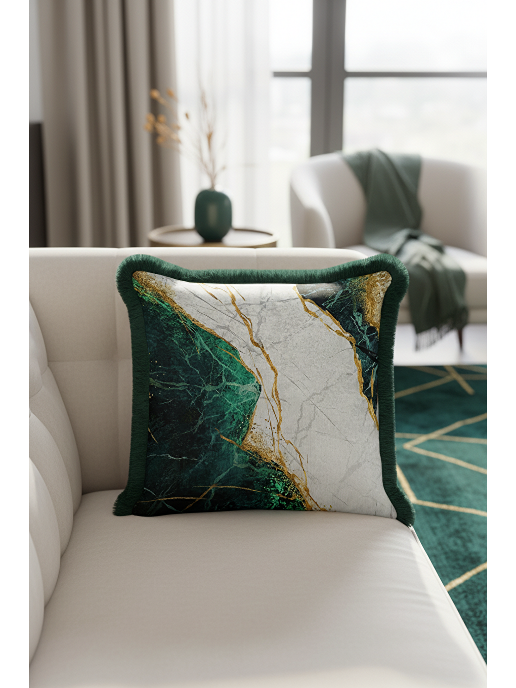 Karışık Mermer Efektli Lüks Saçaklı Yastık Kılıfı - Modern Zümrüt Yeşili Altın Renk Püsküllü Kırlent Kılıfı-1