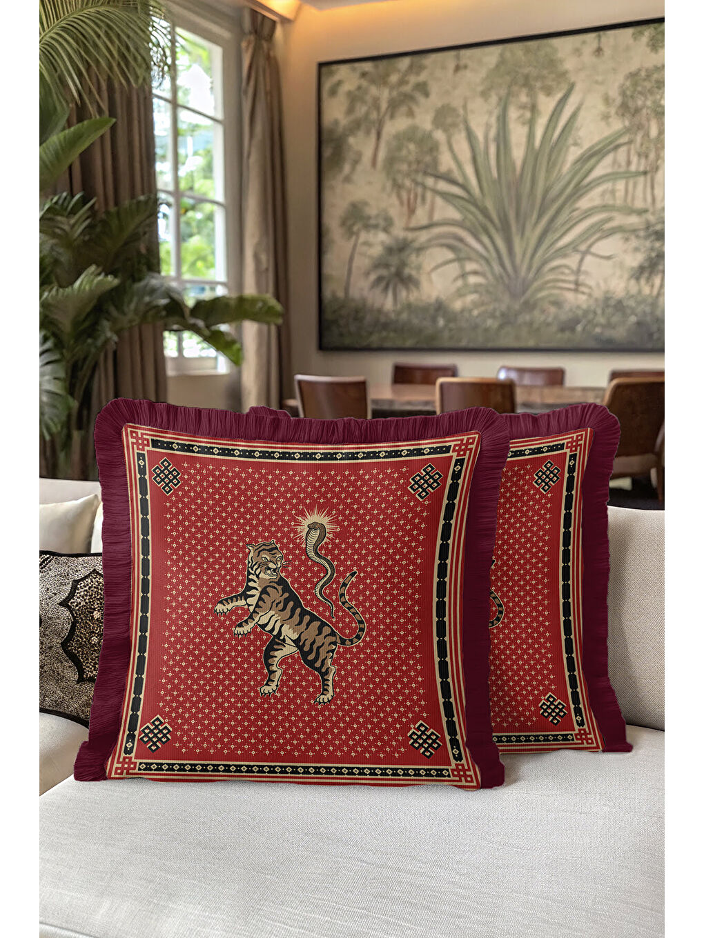Karışık Asya Motifli Saçaklı Yastık Kılıfı - Egzotik Bohem Kırmızı Altın Renkli Püsküllü Kırlent Kılıfı-5