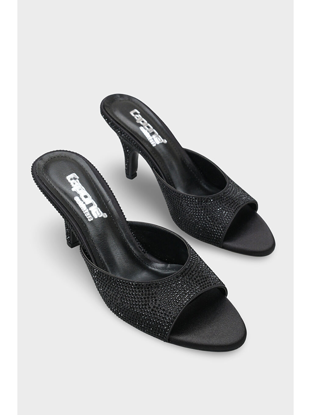 Siyah Lenore Taşlı Feta Dolgu Orta Topuklu Saten Kadın Terlik-1