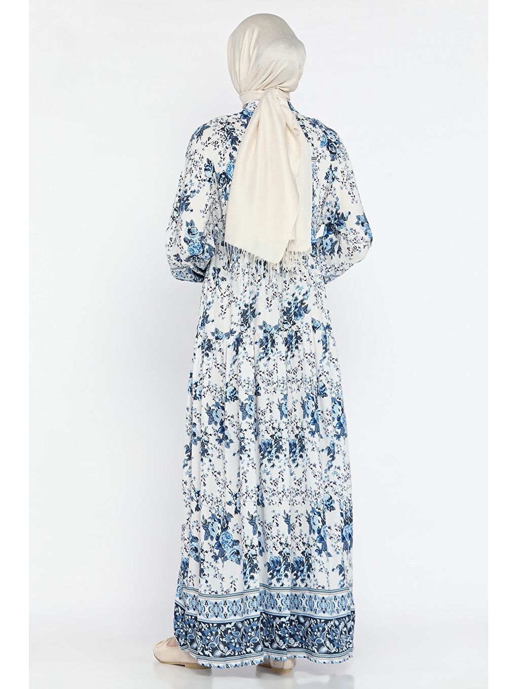 Mavi Kadın Çiçek Desenli Yarım Düğmeli Tesettür Viskon Elbise-5