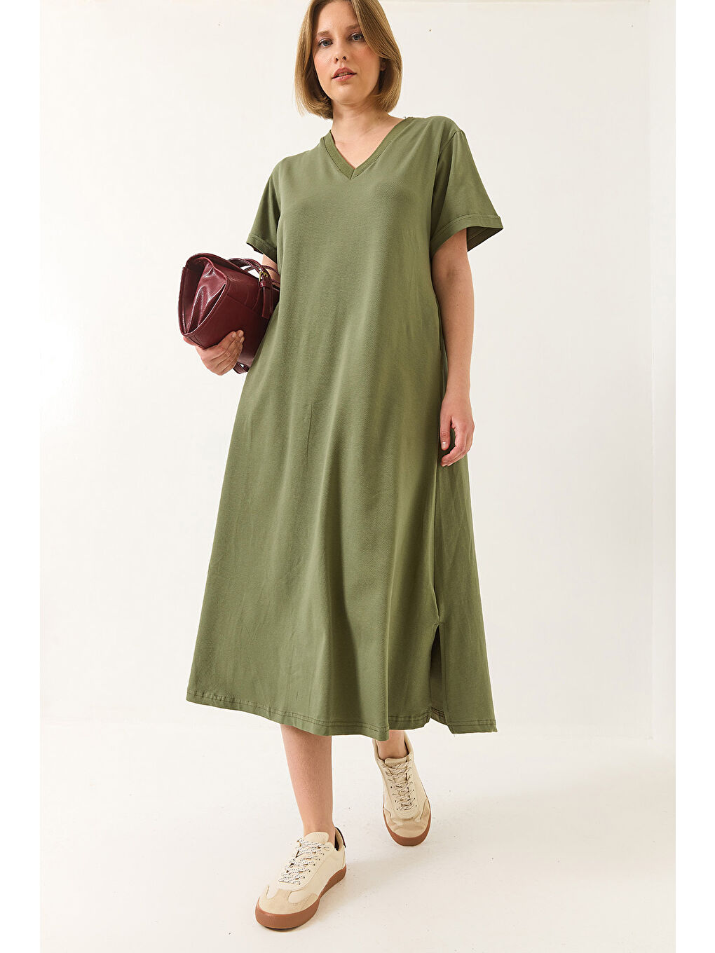 Yeşil Kadın V Yaka Kısa Kollu Cep Detaylı Uzun Basic Elbise-2