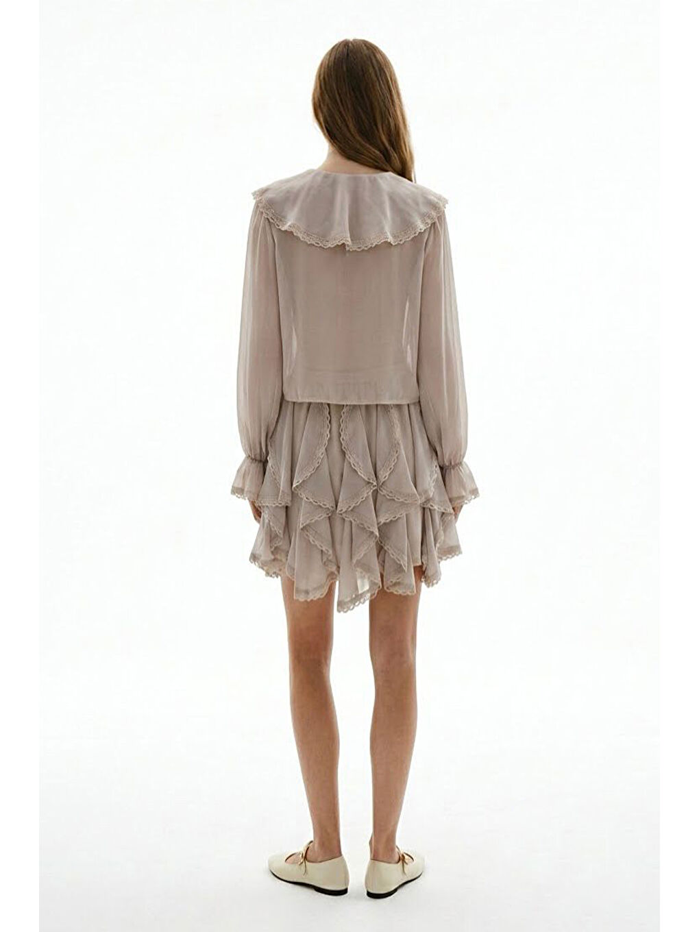 Beli Lastikli Dantel Şeritli Mini Etek Bej-2