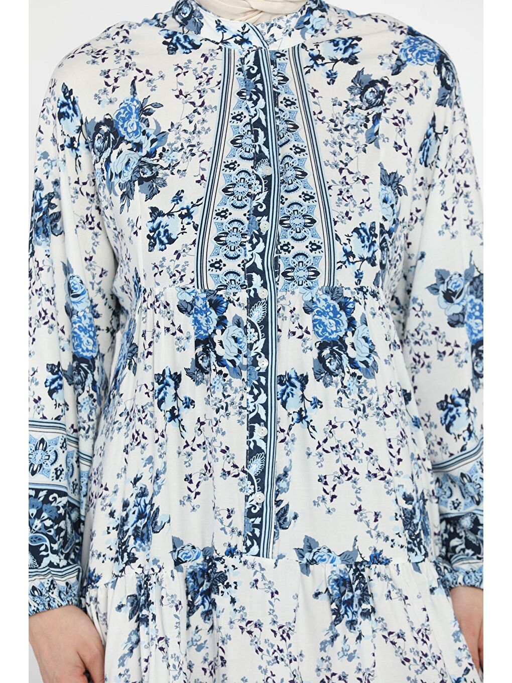 Mavi Kadın Çiçek Desenli Yarım Düğmeli Tesettür Viskon Elbise-6