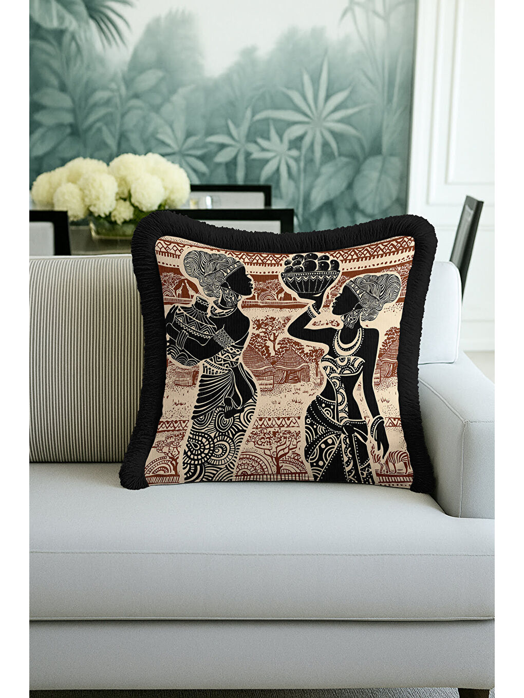 Karışık Afrika Esintili Etnik Saçaklı Yastık Kılıfı - Bohem Doğal Kahverengi Siyah Püsküllü Kırlent Kılıfı