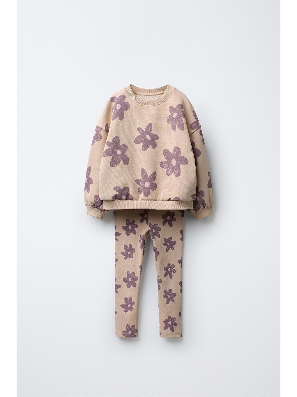 Bej Kız Çocuk Pamuklu Krem Lila Çiçek Desenli Sweatshirt & Tayt Takım