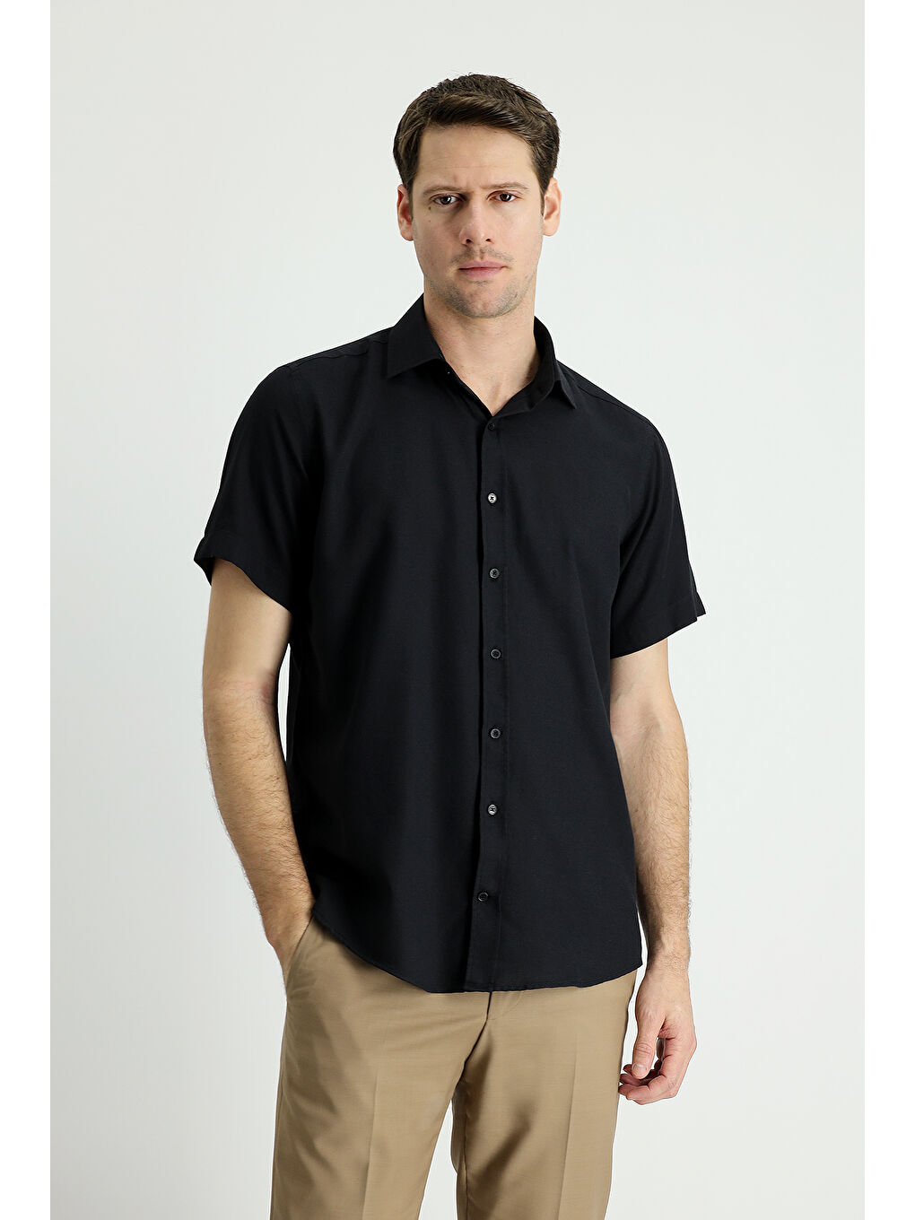 Siyah Kısa Kol Regular Fit Spor Pamuklu Keten Gömlek