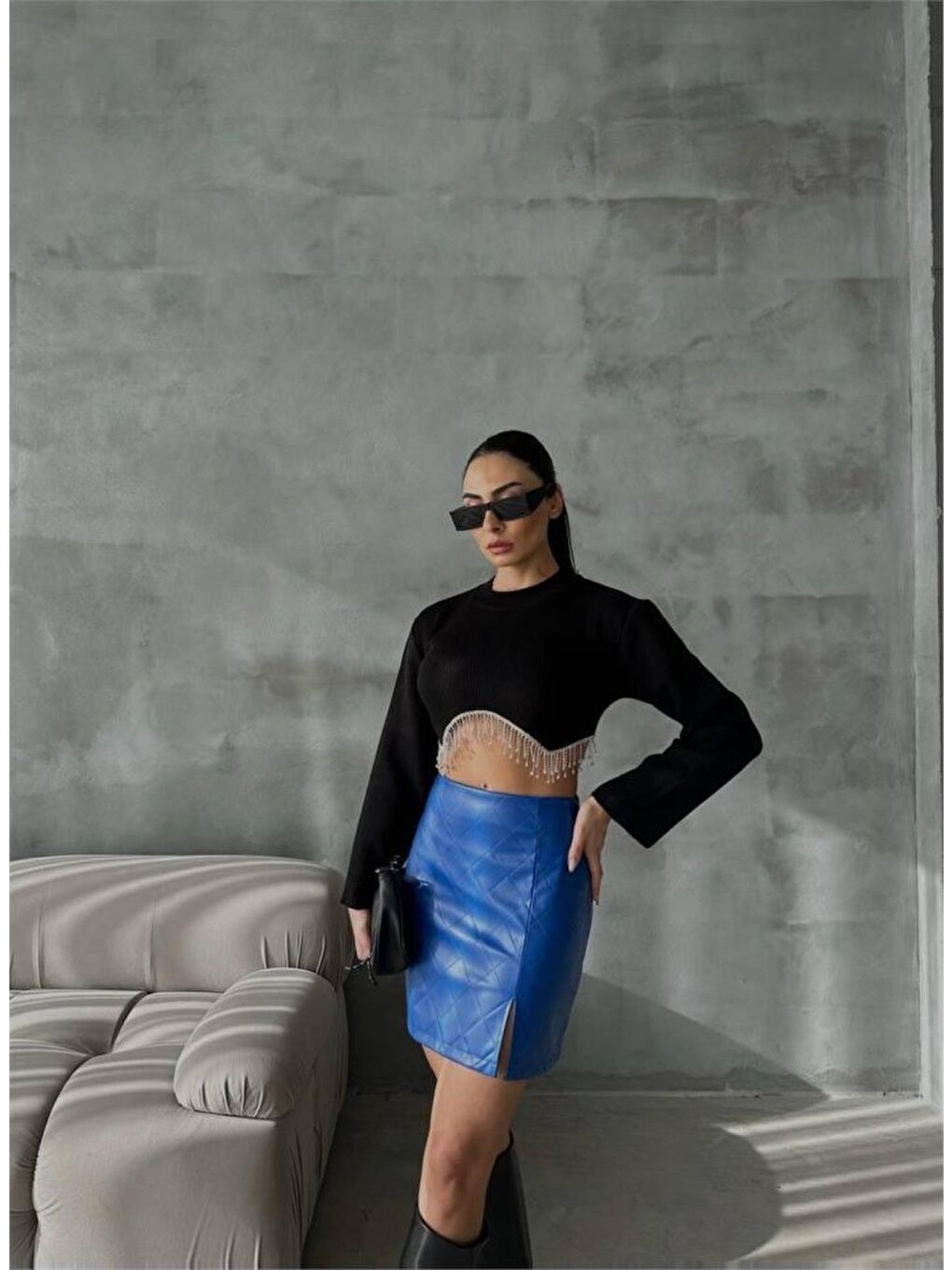 Mavi KAPİTONE DERİ ETEK YIRTMAÇLI - Saks