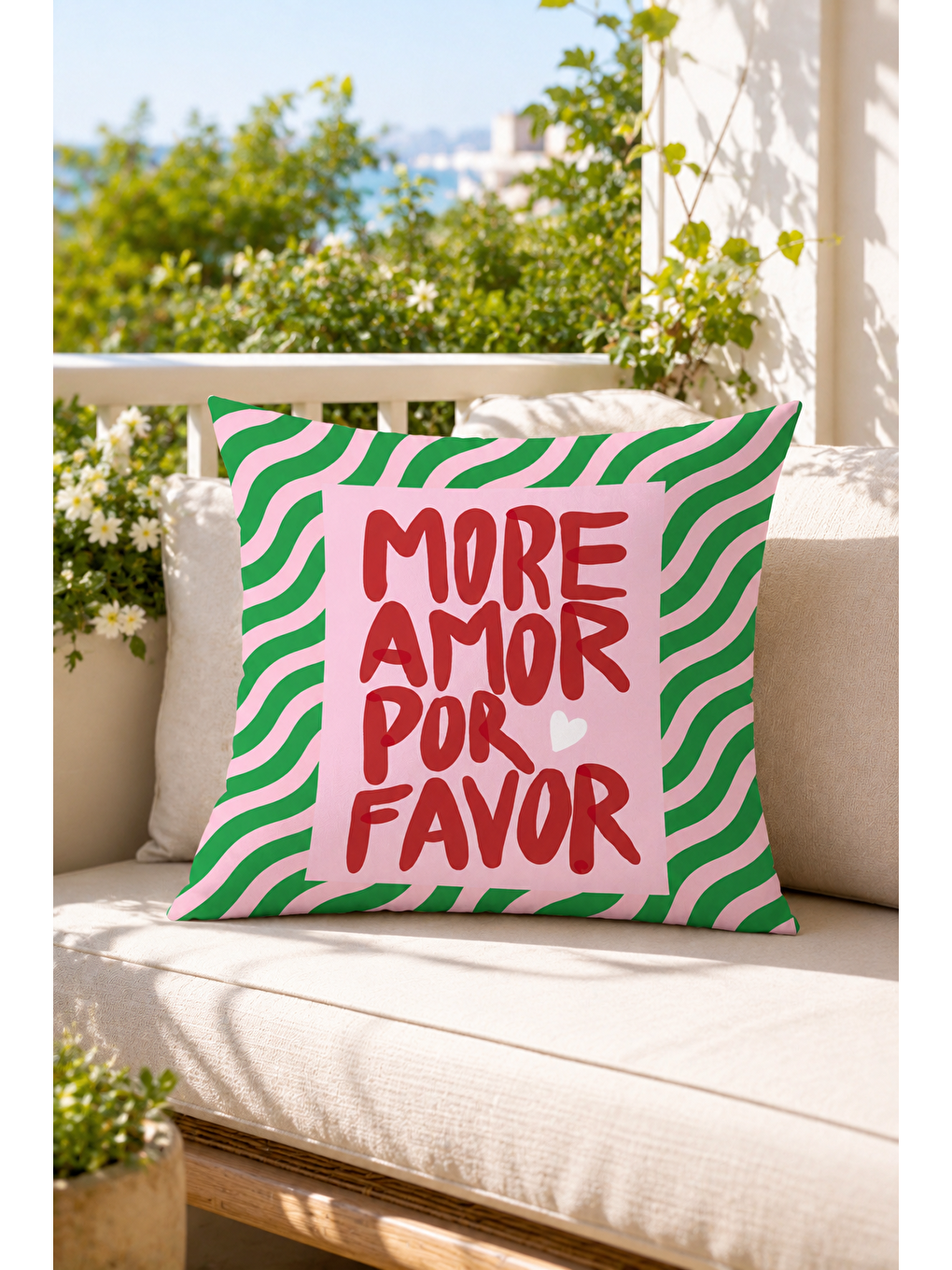 Beyaz More Amor Por Favor Yazı Baskılı Dekoratif Kırlent Kılıfı Bohem Balkon Dekoru 43x43 Cm-1