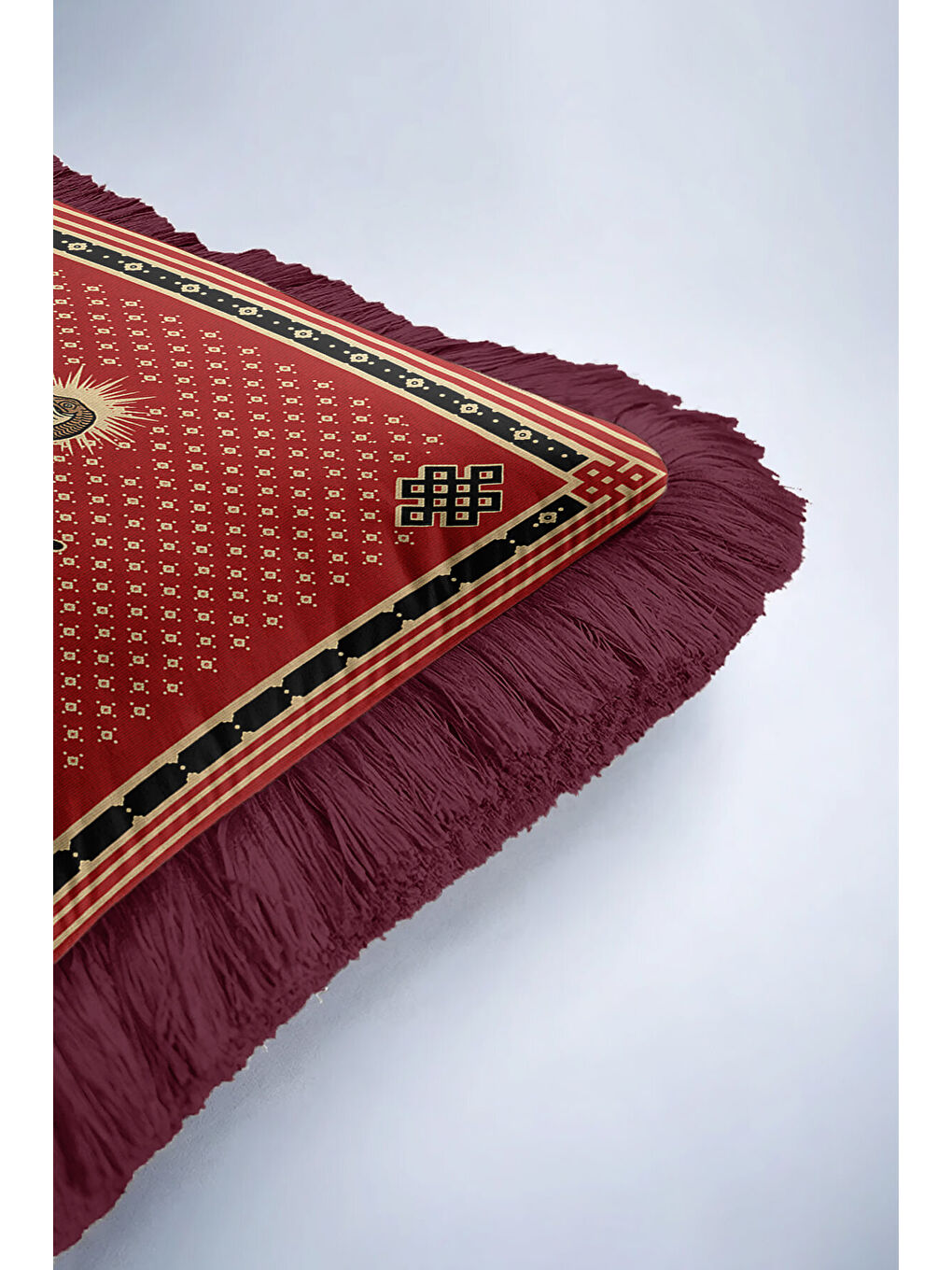 Karışık Asya Motifli Saçaklı Yastık Kılıfı - Egzotik Bohem Kırmızı Altın Renkli Püsküllü Kırlent Kılıfı-6