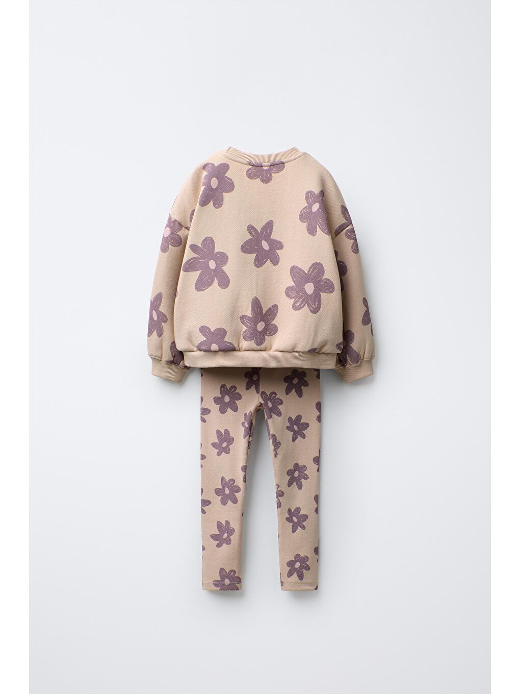 Bej Kız Çocuk Pamuklu Krem Lila Çiçek Desenli Sweatshirt & Tayt Takım-1