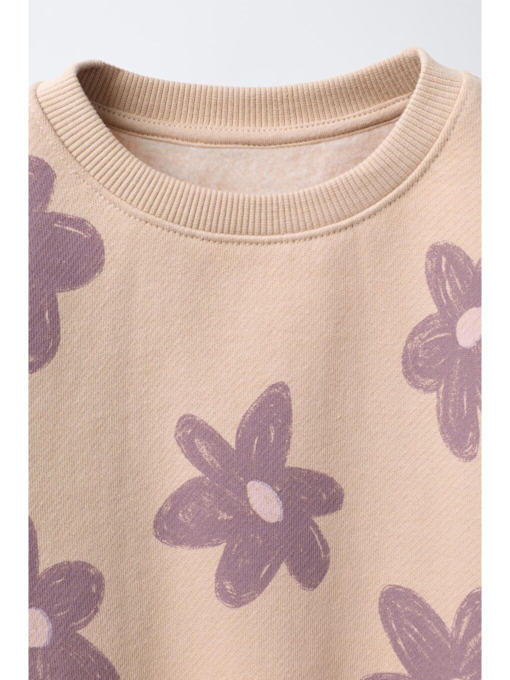 Bej Kız Çocuk Pamuklu Krem Lila Çiçek Desenli Sweatshirt & Tayt Takım-2