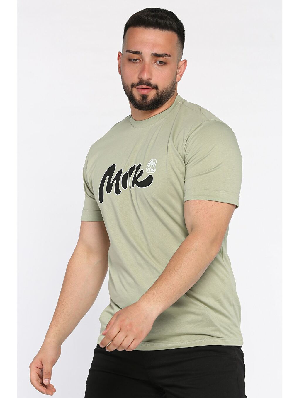 Haki Erkek Bisiklet Yaka Milk Baskılı Tişört-1