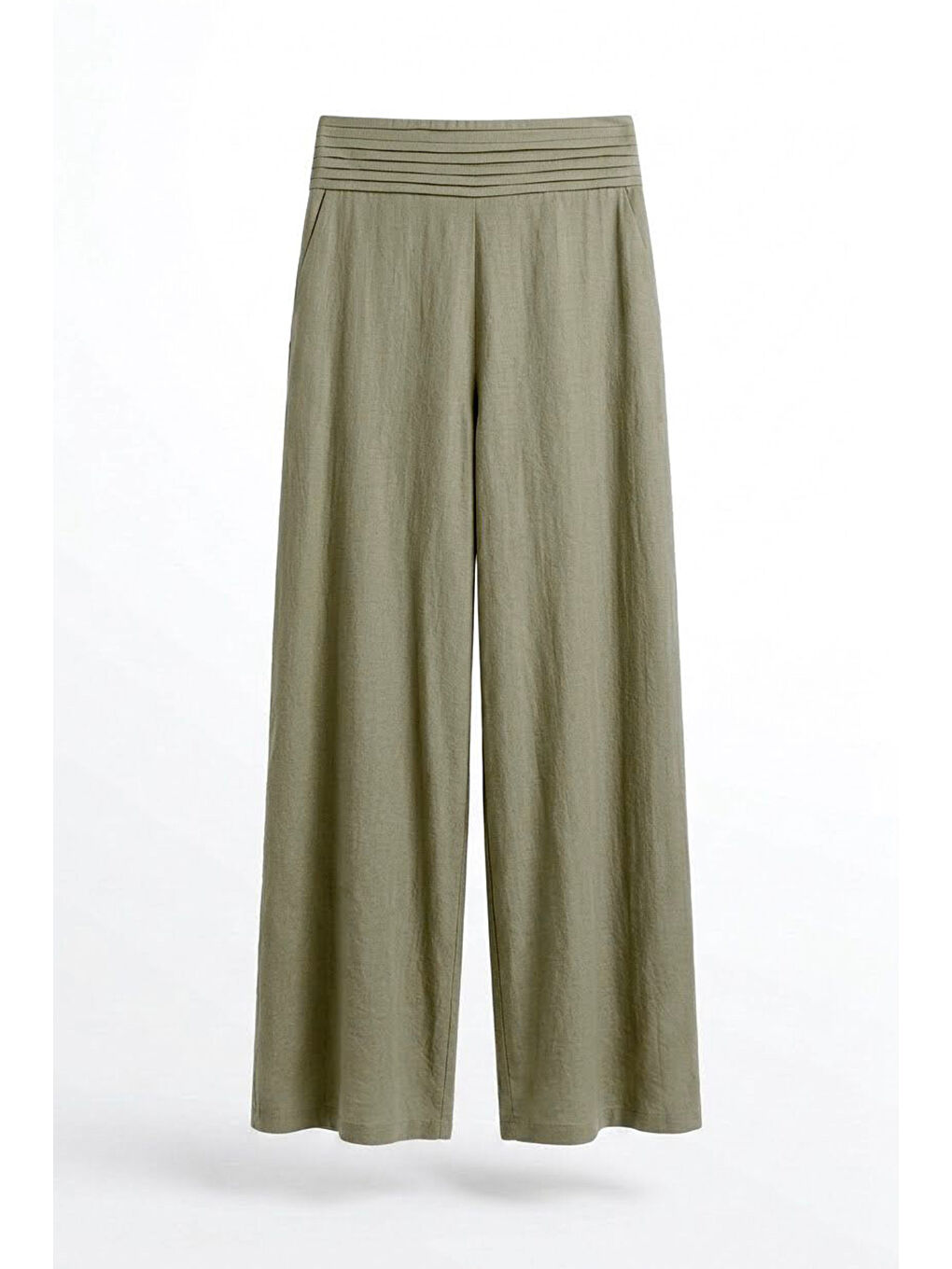 Pileli Bel Bantlı Bol Paça Pantolon Haki-1